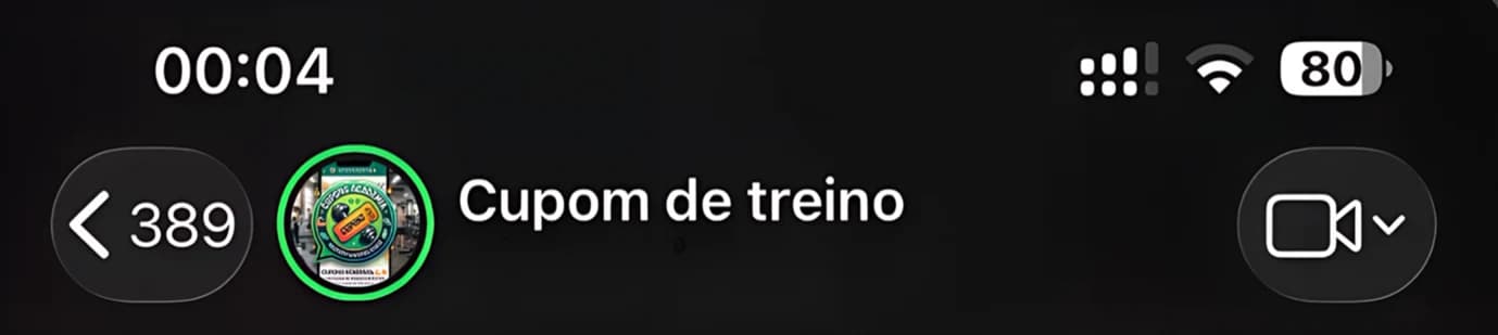 Topo de um grupo de WhatsApp chamado Cupom de treino com 389 membros