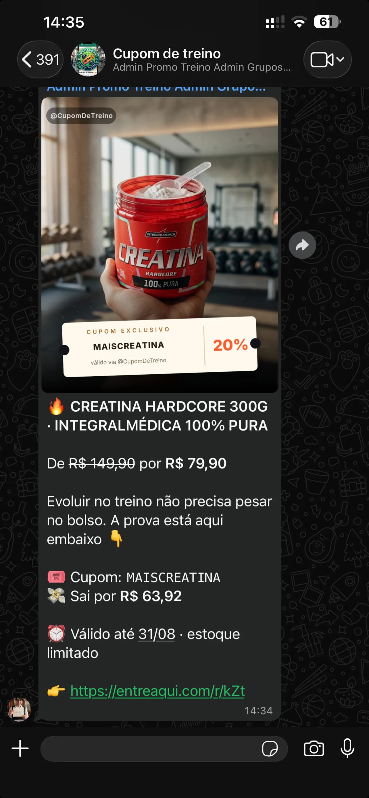 Envio no grupo de WhatsApp com o cupom aplicado e o preço final