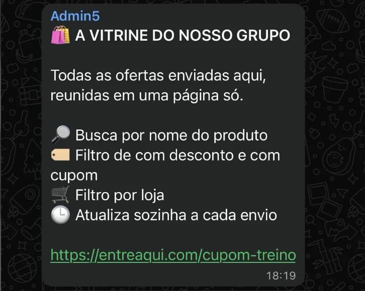Mensagem no grupo anunciando a vitrine, com busca, filtros e o link da página