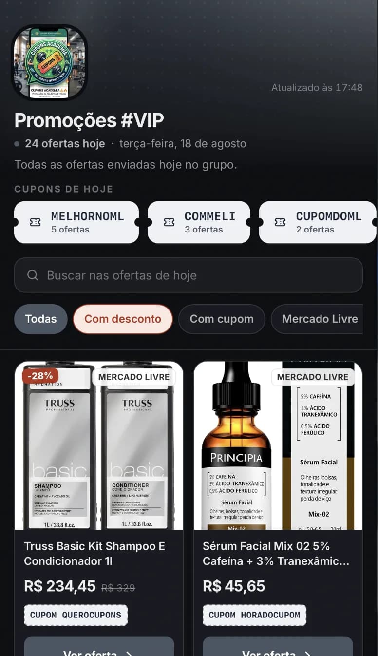 Página da vitrine do grupo com os cupons do dia, busca, filtros e os produtos postados